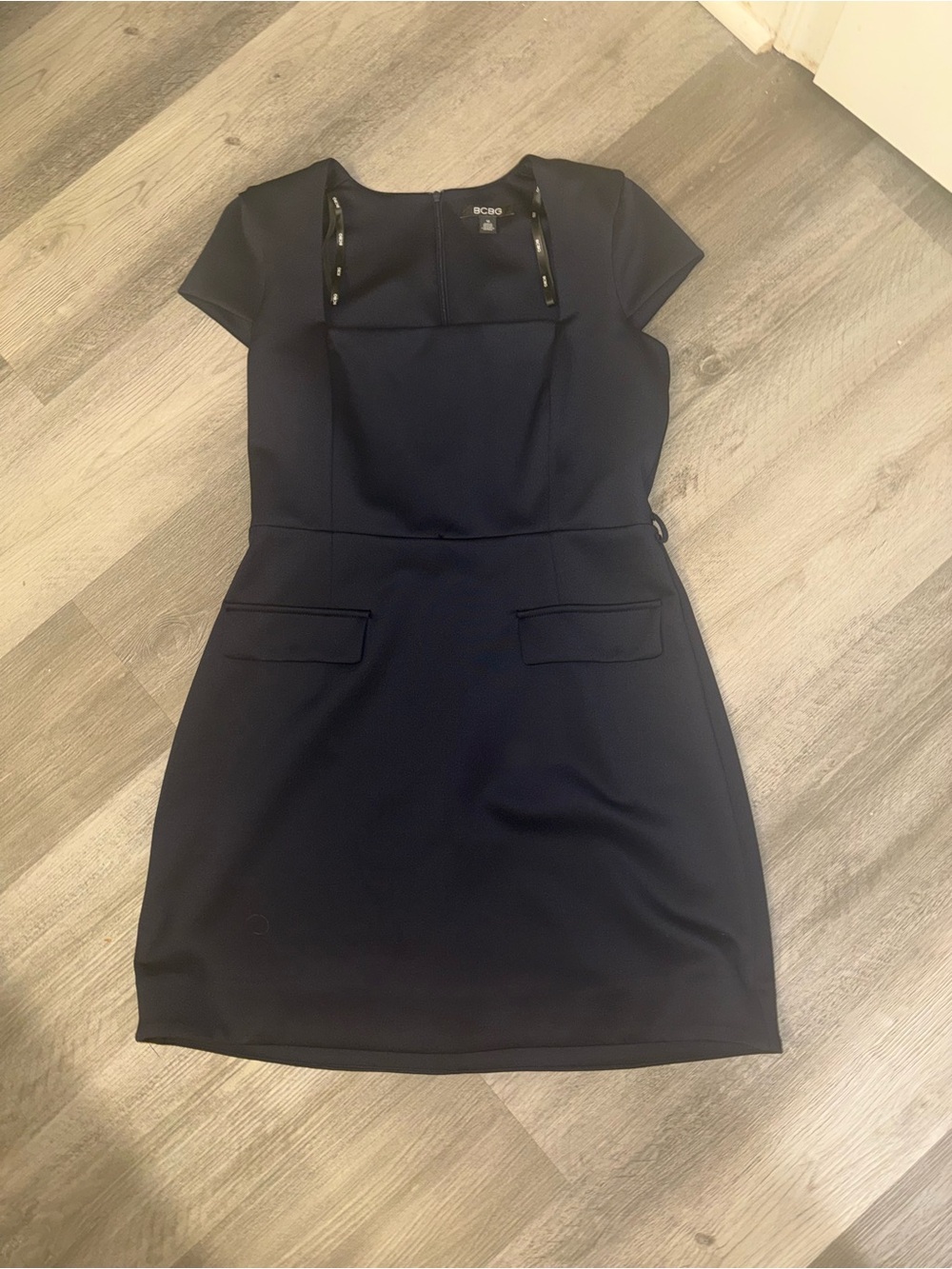 BCBG Navy Square-Neck Cap Sleeve Sheath Dress